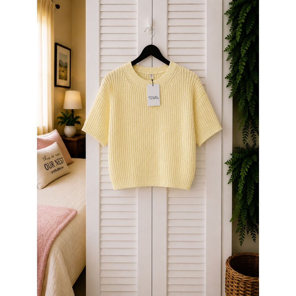 Stitches + Stripes Harper Knit Tee Pale Yellow Ribbed Sweater Top NWT